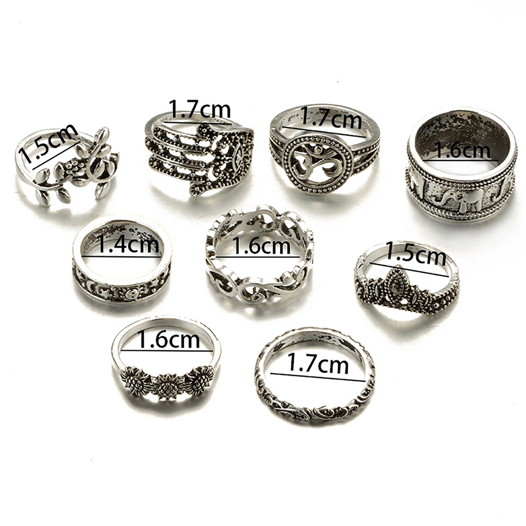 Hu Hu Hu Hu Hu Alat Bantu Pasang Kacamata♡ 9pcs Cincin Knuckle Desain Ukiran Bunga Hollow Warna Silver Gaya Bohemia Untuk Wanita