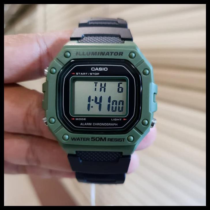 Jam Original Casio W218H Pria Strap Rubber Hitam Hijau