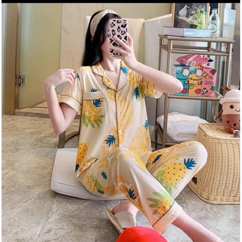 JC- PIYAMA SET Import CP / Piyama wanita Import terbaru / Piyama Import Korean Style-Big Pine Yellow CP