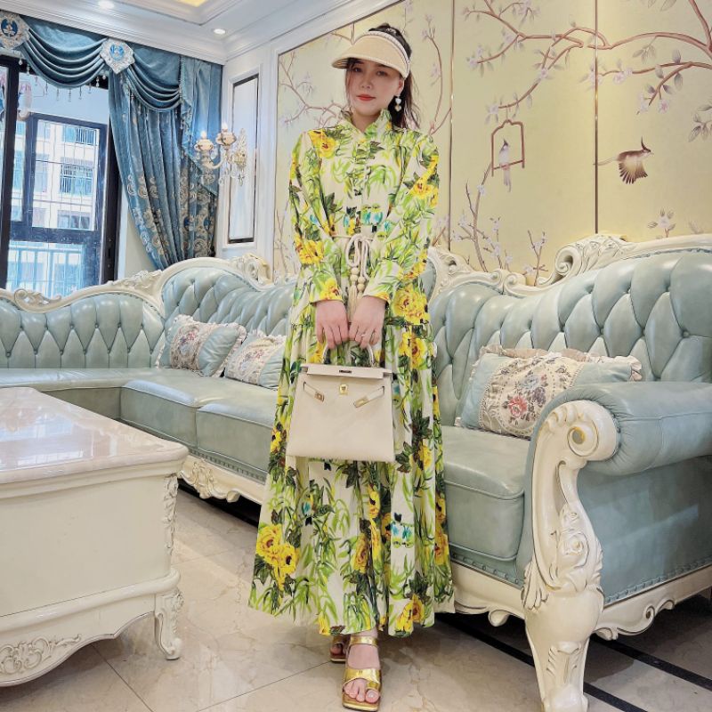 MDLV ~ 06640# Carmilla Maxi Dress Green Flower Import