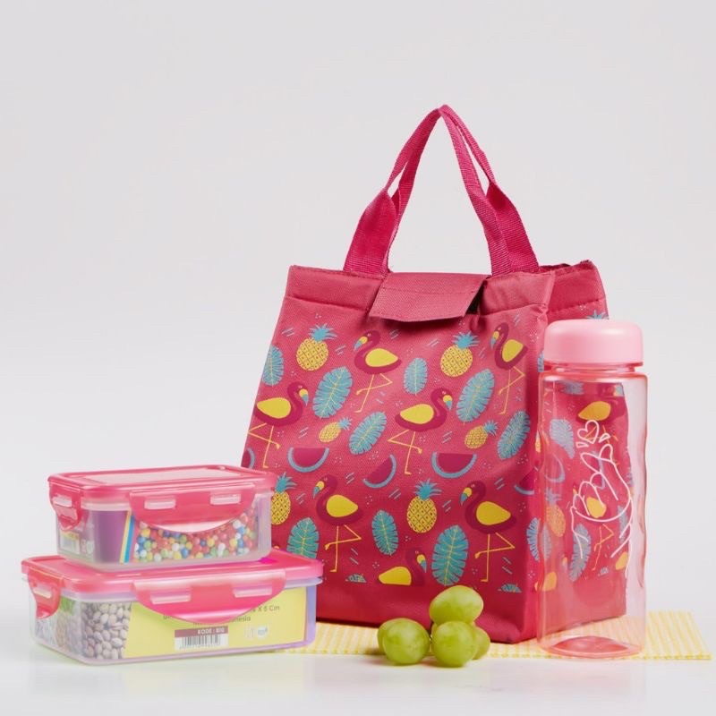 Kotak makanan set / tempat makan set / lunch box flaminggo