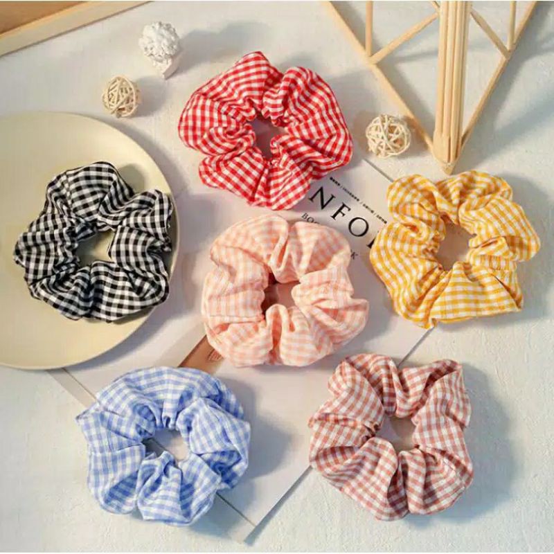 JB044 Scrunchie Hijab Satin Gelang Hairband Ikat Rambut Korea Kuncir Motif Kotak