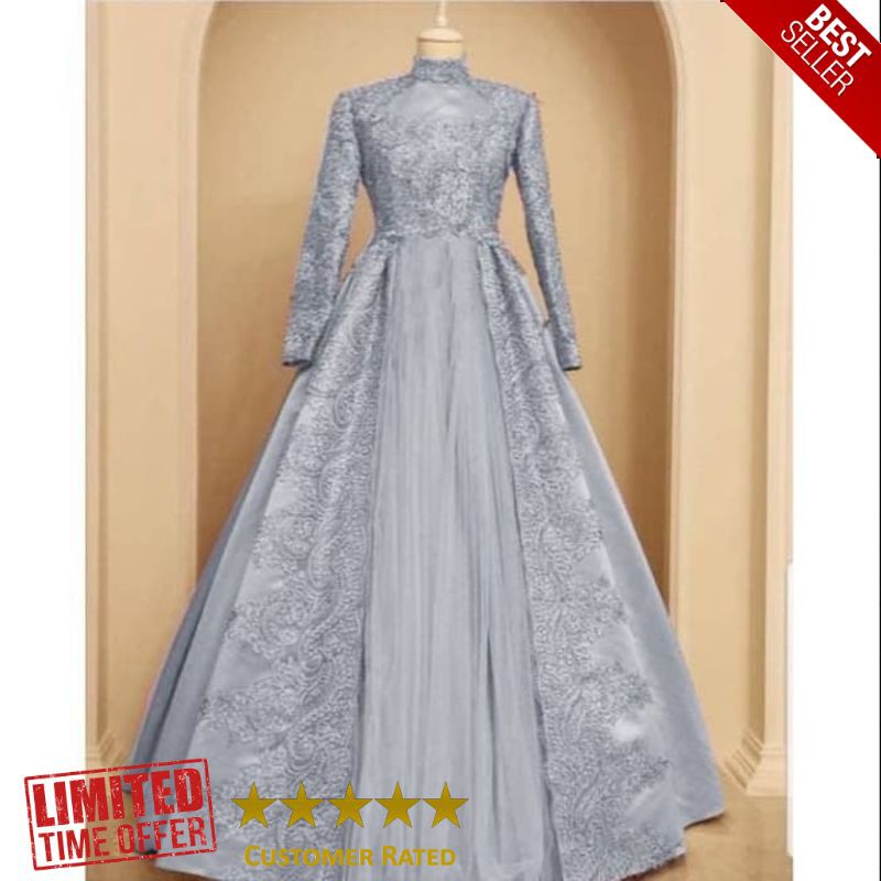 BEST baju pesta mewah gamis nuraini abu xl brukat gaun remaja nur ta