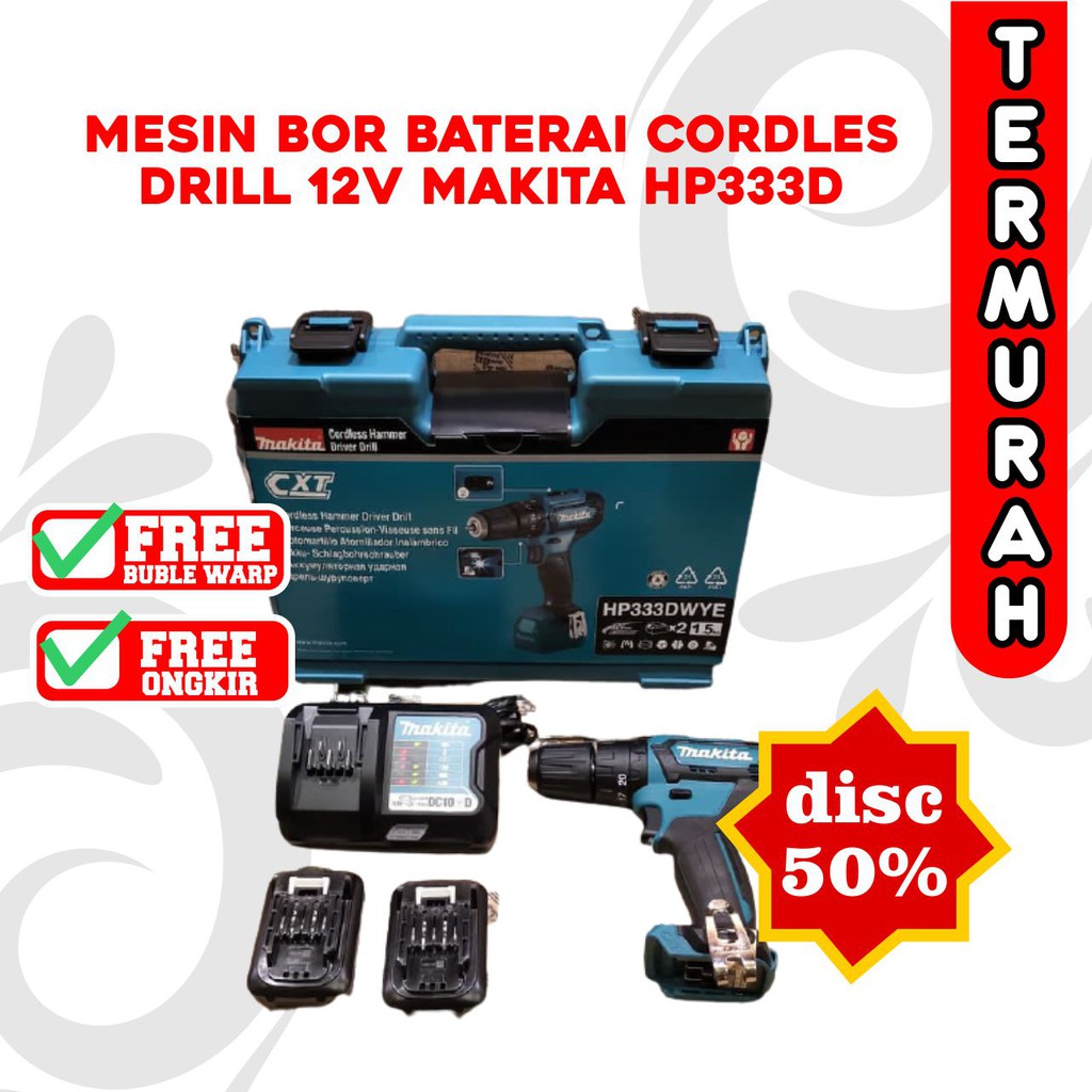 Mesin Bor Baterai / Cordless Drill 12v Makita / Hp333d / Mesin Bor Besi Kayu Beton / Termurah