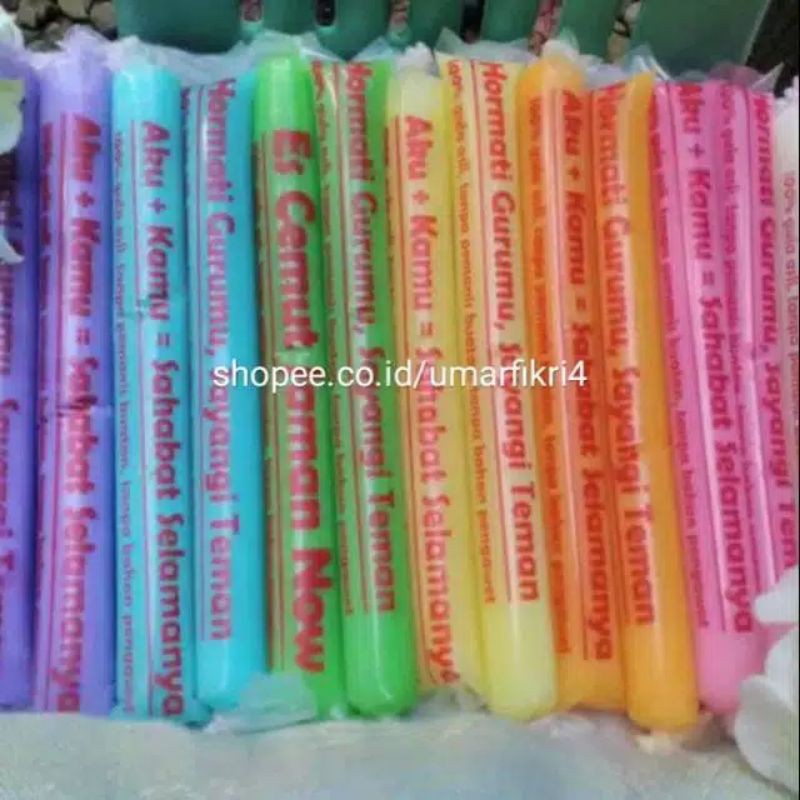 Plastik es Mambo bersablon 100 pcs ukuran 3x23 cm / plastik es Mambo karakter / plastik es Mambo kekinian tulisan nasihat isi 100 pcs plastik