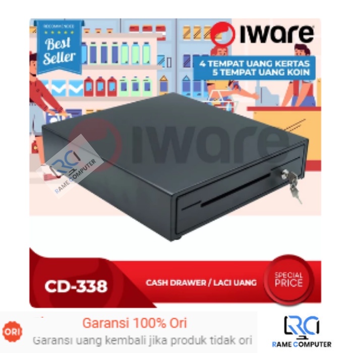 LACI UANG KASIR IWARE CD-338 METAL CASH DRAWER RJ-11 RJ 11 4 SLOT KERTAS 5 SLOT KOIN