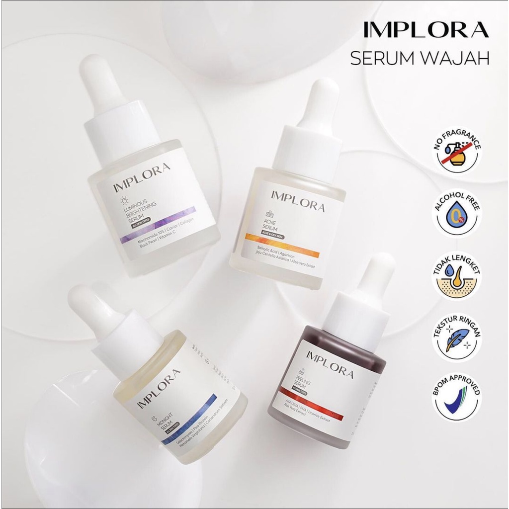 [BPOM &amp; ORI] IMPLORA Serum Wajah 20ML ALL 10 VARIANT (NEW SALMON DNA &amp; BIRDNEST SERUM) | IMPLORA Face Serum | 24K Gold | Hydrating | Acne | Brightening | Peeling | Midnight Serum | Luminous | Bakuchiol | Skin Care Skincare