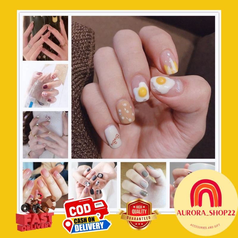 [COD] FEALI dan NAILS 24 pcs 1 set Kuku Palsu dan Lem Fake Nail Art Kuku Palsu Gaya Wanita Korea Free Lem 2 gram