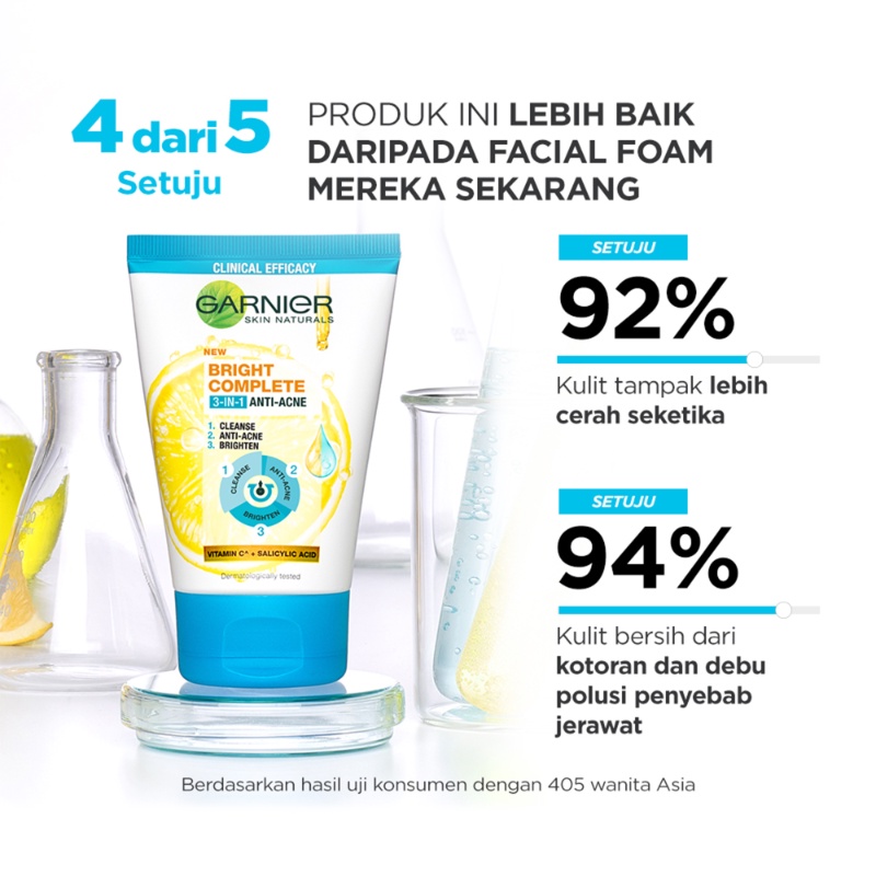 FACIAL WASH GARNIER Bright Complete 3-in-1 Anti Acne 100 ml / 50 ml - Pembersih Untuk Wajah Berminyak &amp; Berjerawat - Skincare Cleanser Sabun Cuci Pencuci Muka Kulit Cerah Bebas Jerawat Brigt Brigth Brigh  Ukuran Besar Kecil