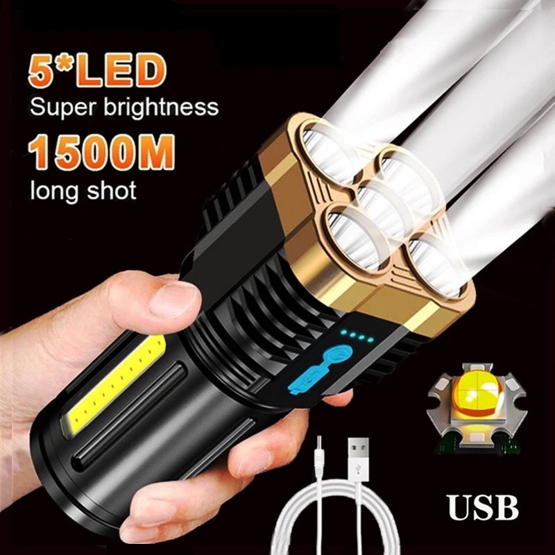 Lampu Senter 5 LED COB Super Terang Multifungsi Anti Air USB Rechargeable Untuk Outdoor