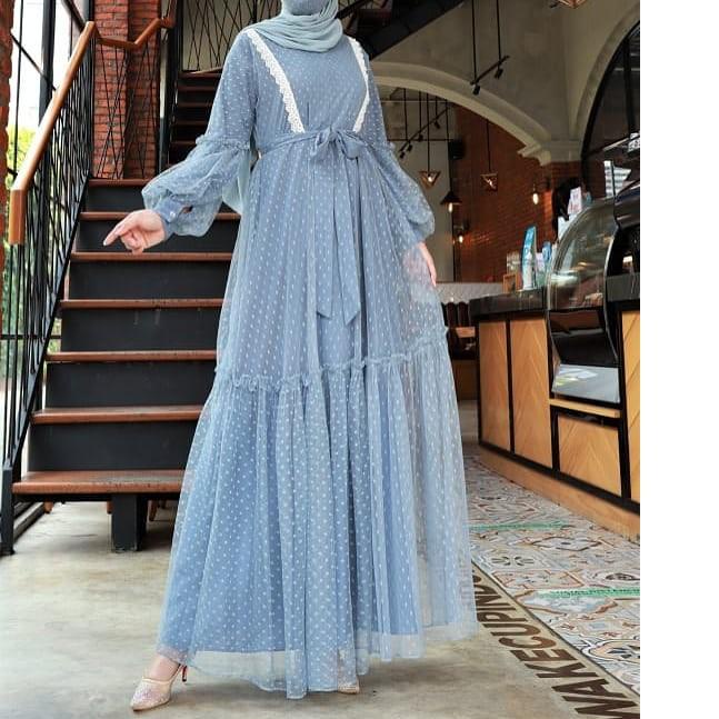 ➱ Tiara Maxy / Gamis Wanita / Gamis Moscrepe Mix Tile Aplikasi Renda/ Gamis Lengan Balon ♠