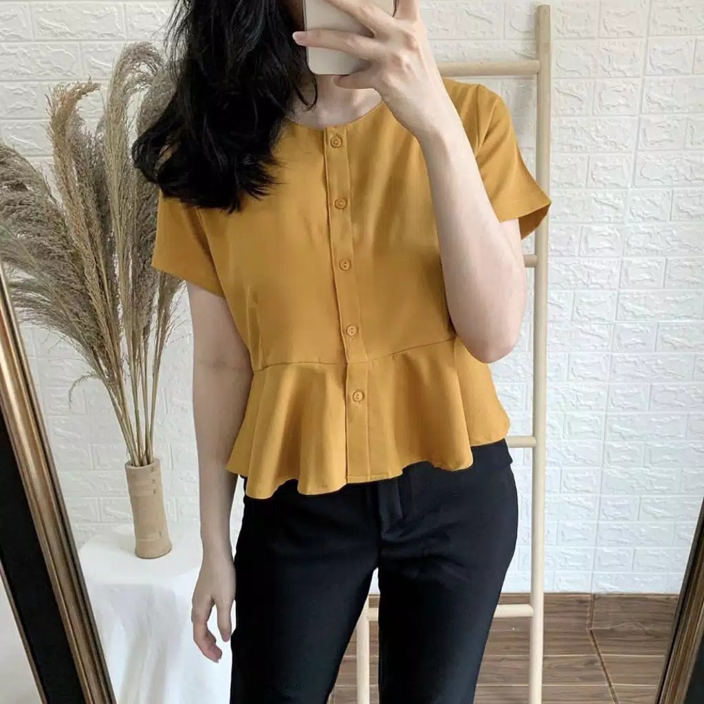 FEBY Top Peplum Moscrepe Halus Good Quality / Blouse Wanita Moscrepe Halus Kancing Hidup