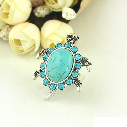 Hu Hu Hu Hu Hu Alat Bantu Pasang Kacamata♡ Cincin Jari Desain Kura-Kura Turquoise Biru Aksen Berlian Imitasi Untuk Wanita