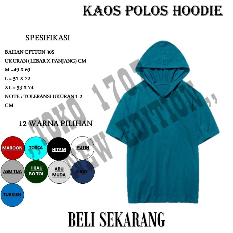 [DISKON] KAOS HOODIE POLOS LENGAN PENDEK HITAM KATUN COMBED 30S PRIA WANITA M L XL