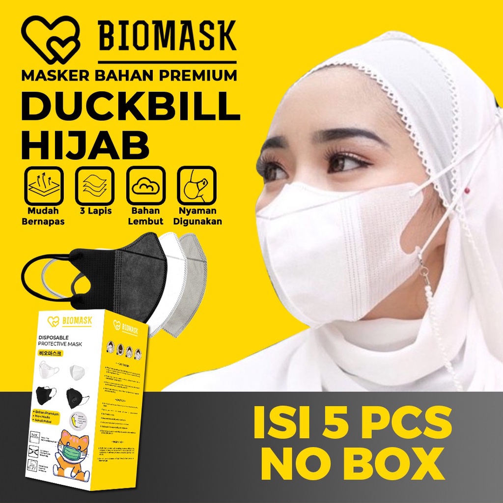 BIOMASK – Masker Duckbill Hijab Headloop 3ply Warna 5Pcs PREMIUM 3PLY Hitam / Pink / Abu-abu - Dispo