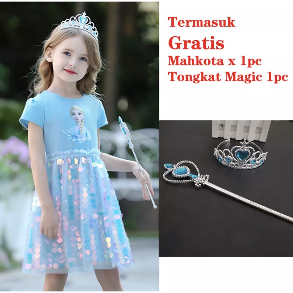 Baju Dress Anak Princess Motif Frozen Elsa Anna Sequin Sparkle Import