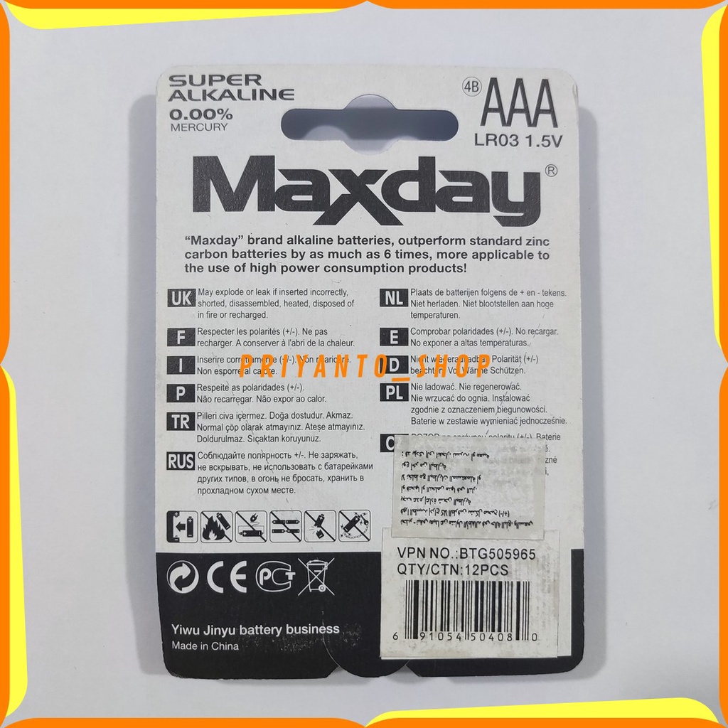 BATERAI BATTERY MAXDAY SUPER ALKALINE A3 AAA LR03 ASLI 4PCS ORIGINAL