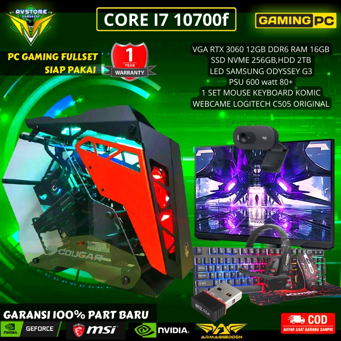 PC GAMING FULLSET i7 10700f pc cpu gaming fullset VGA GTX 3060 12GB DDR6 MONITOR SAMSUNG ODESY G3 16