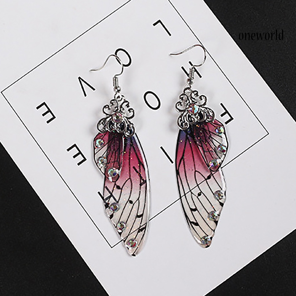 OW# Colorful Butterflies Wing Shape Drop Earrings Women Simulation Rhinestone Dangle Hook Earrings Jewelry Accessory