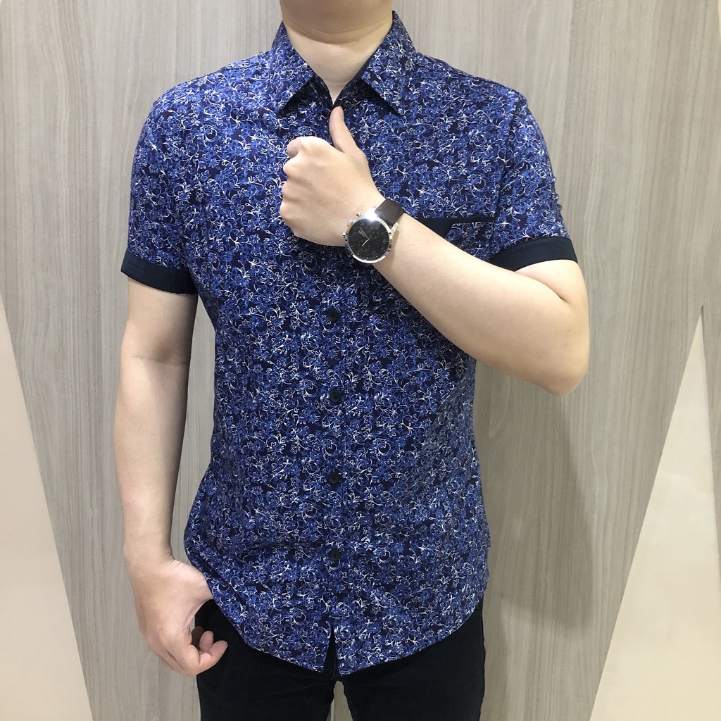 [GRIDLINE - S217 Blue &amp; Black] Kemeja Print Pria Katun Lengan Pendek Slimfit Simpel Modern M-XXL