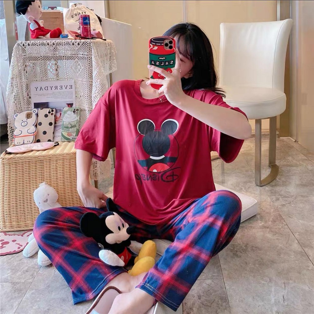 Baju Tidur Piyama Set/Piyama Wanita Import/Baju Piyama Motif Kartun/Woman Sleep Wear-P5-Merah Miky