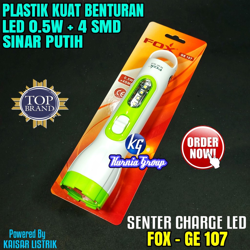 FOX Senter LED 2in1 + Emergency Genggam Charge Terang Awet GE 107 Cas rechargeable Tahan Goncangan