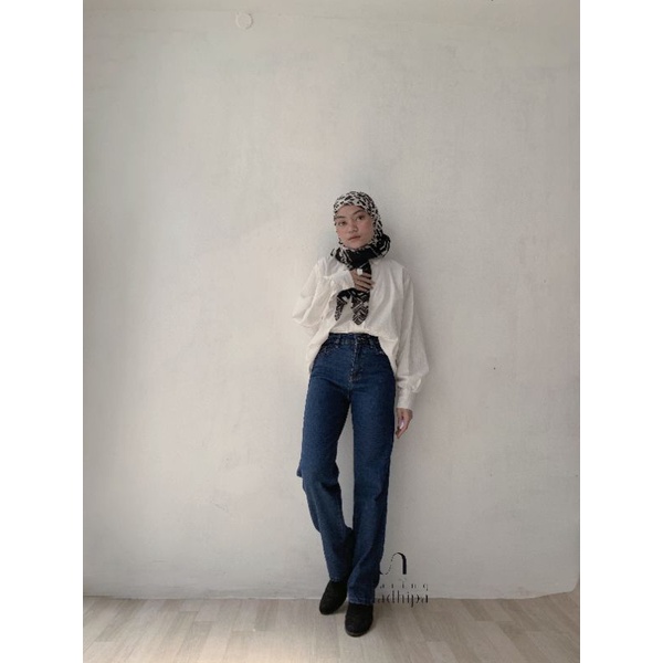 Nara Pants Biru Tua - Celana Kulot Jeans Highwaist Wanita Loose