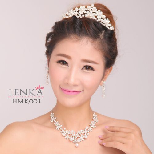 Paket Mahkota Kalung Anting Mutiara Aksesoris Wedding Modern Lenka - HMK001