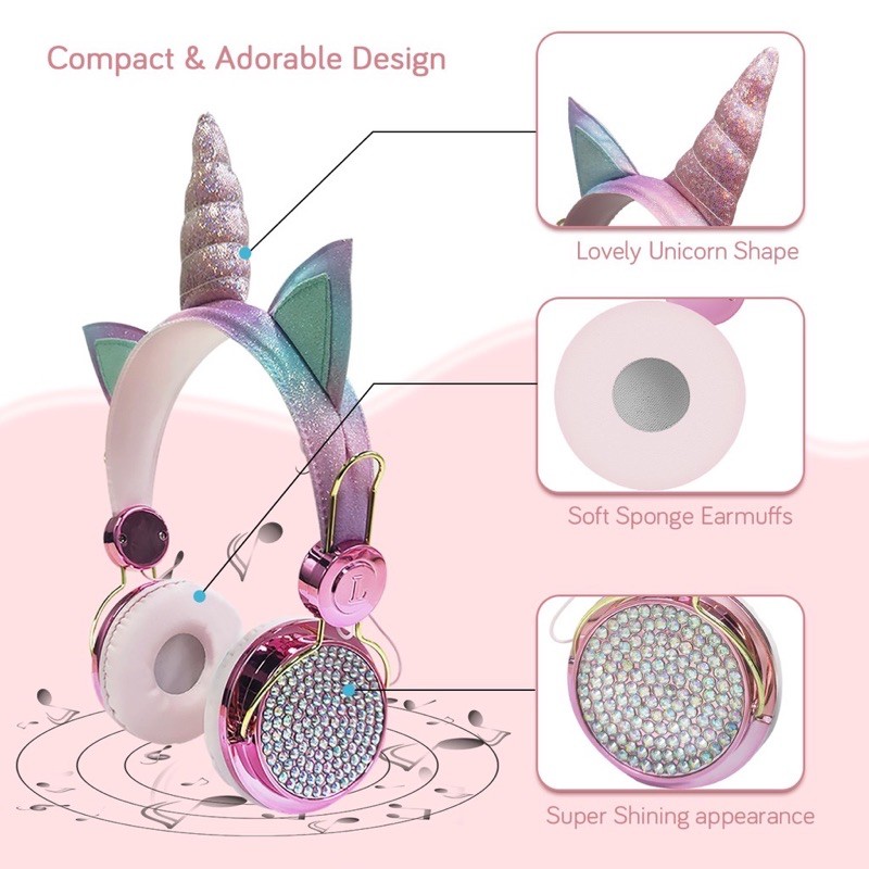 UNICORN HEADPHONE HEADSET ANAK CEWE EARPHONE UNICORN HENSET Mikrofon Putri Girls Lucu Cantik Musik Stereo Anak Hadiah LUCU Dengan Gaming Belajar Online Musik Studying