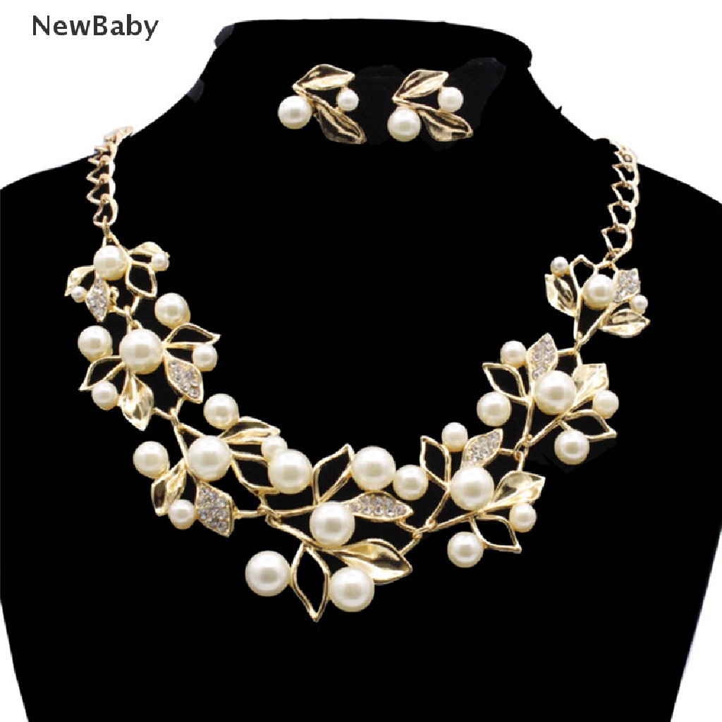 NewBaby Pearls Crystal Tree Leaves Necklace Earring  Elegant Ladies Luxury Jewelry Set  ID