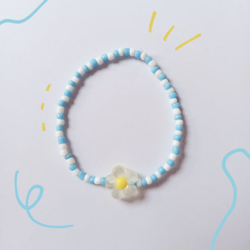 gelang kpop / gelang bunga / gelang korea / white blue flower bracelet (putih biru bunga)