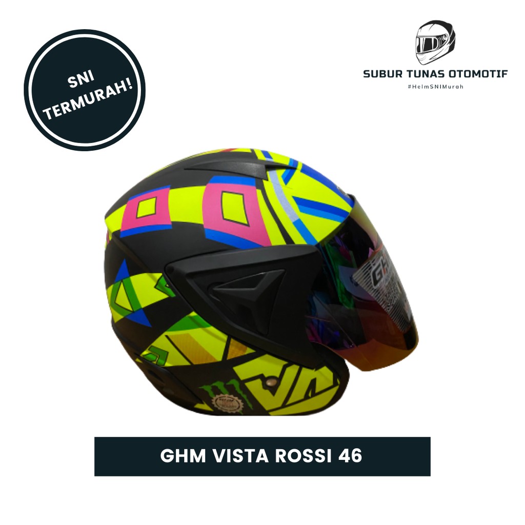 Helm Dewasa GHM ORI SNI Valentino Rossi 46 Doff Half Face Kaca Pelangi Terlaris