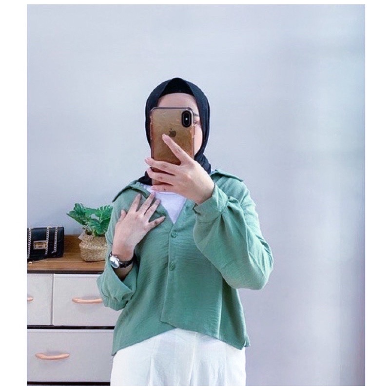 Premium Keisya Crop / Kemeja Crop Crinkle AirFlow / Hanin Crop-CROP MATCHA