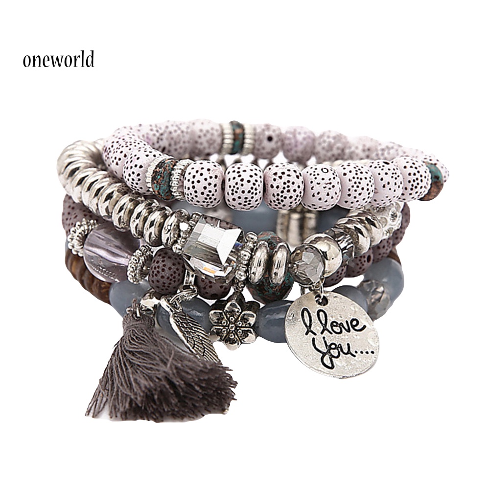 Oneworld Gelang Manikmanik Batu Alam Multilayer Aksen Rumbai Gaya Bohemian Untuk Wanita