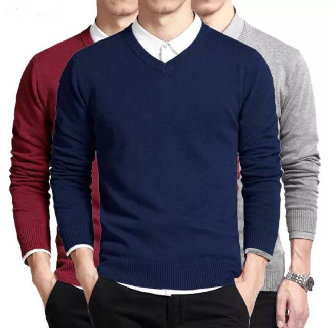 SWEATER PRIA - V NECK SWEATER POLOS - RAJUT KATUN TEBAL  SIZE XL