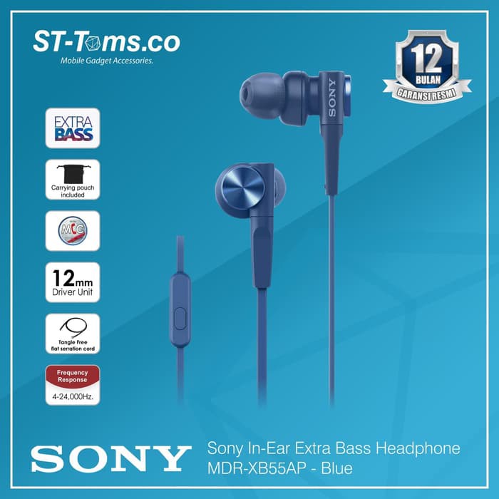 Sony In-Ear Extra Bass Headphone MDR-XB55AP / XB 55AP - Biru - Hitam