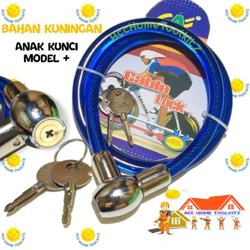 Gembok Kunci Sepeda dan Motor / Anak Kunci Model + / Gembok Kawat Kepala Besi Kuningan Tebal Panjang / Cable Lock /Pengaman Helm Pagar Pager Ban Cadangan Mobil