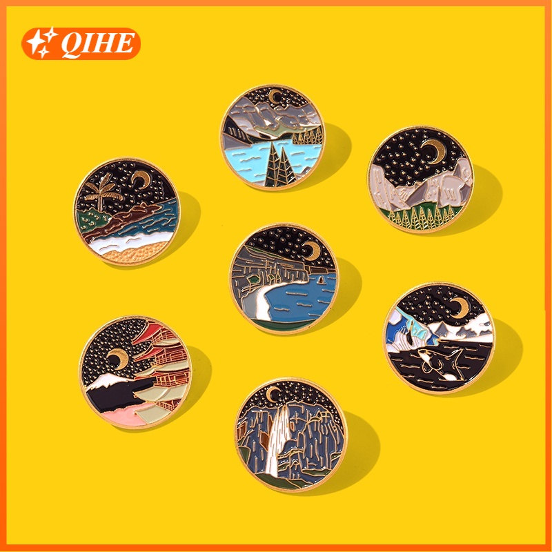 7 Styles Cartoon Starry Sky Moon Lapel Pin Mountains River Enamel Brooch Whale Backpack Badge Collectible Gift