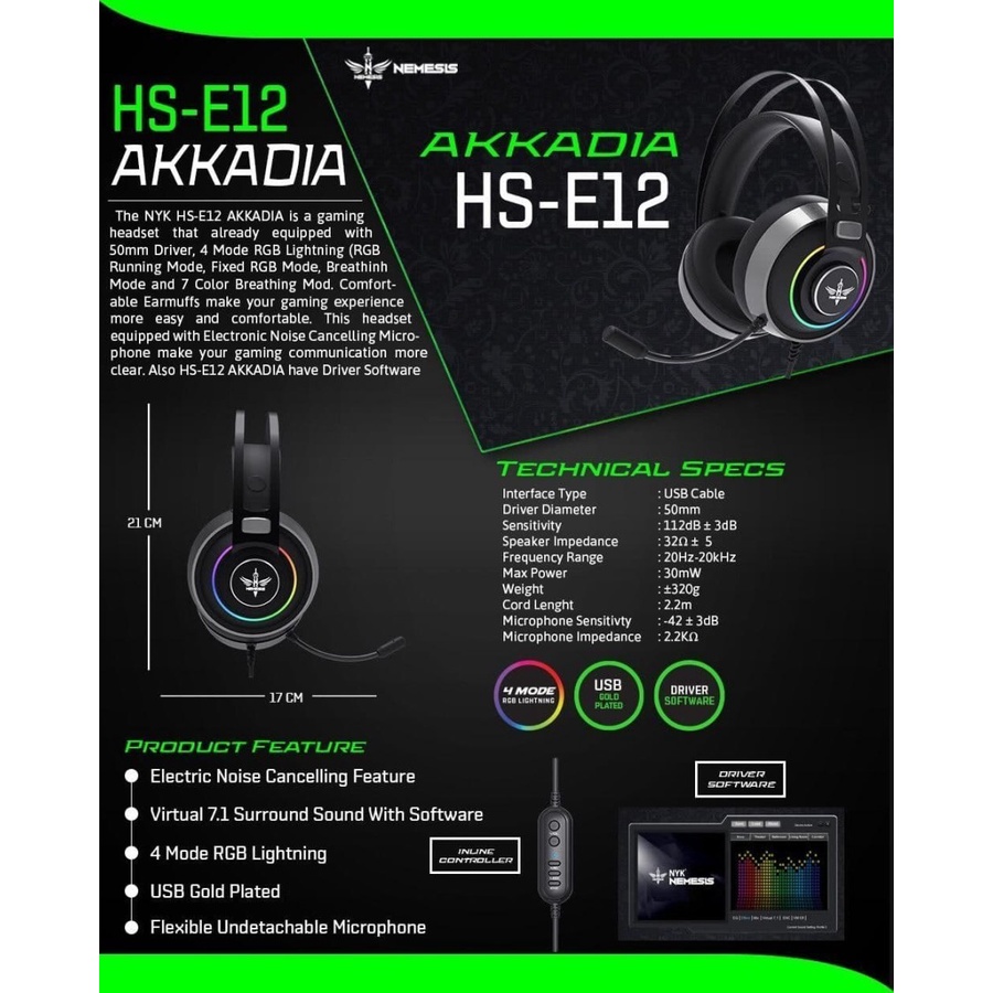 Headset Gaming NYK Nemesis Akkadia HS-E12 USB 7.1