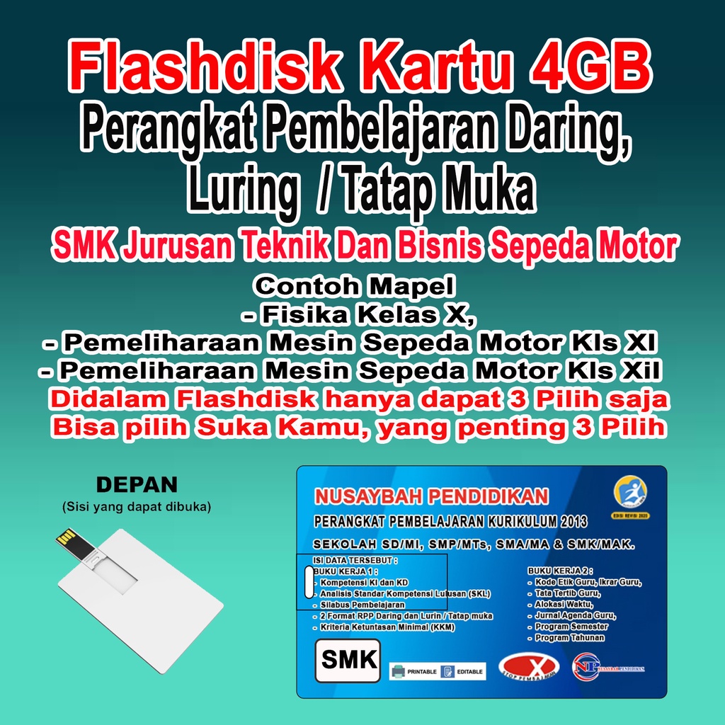 PERANGKAT PEMBELAJARAN DARING DAN LURING/TATAP MUKA, SMK JURUSAN TBSM, TKR, TITL, 2SEMESTER,(KARTU FLASHDISK 4GB)