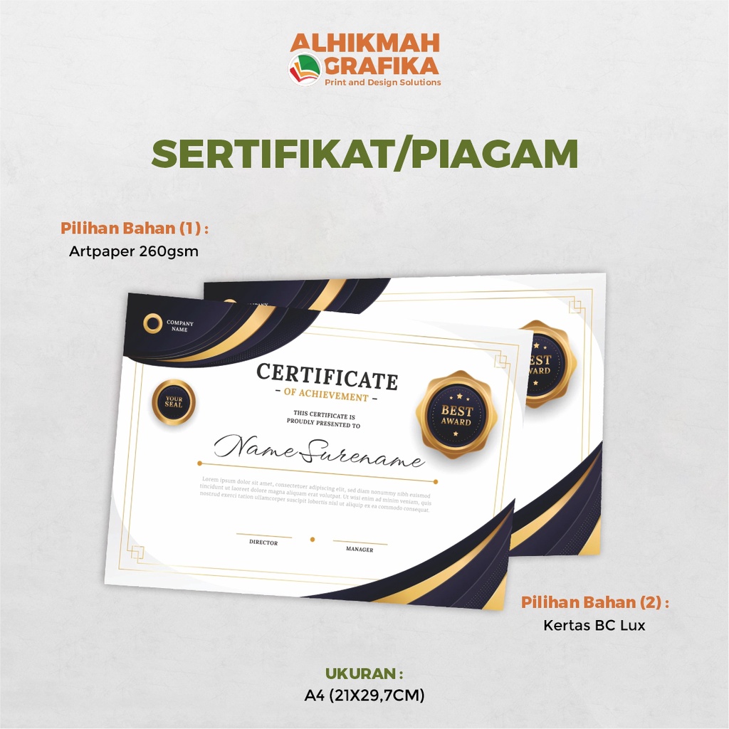 

Cetak Sertifikat / Piagam Penghargaan Bahan Art Paper 260gsm dan kertas BC Lux