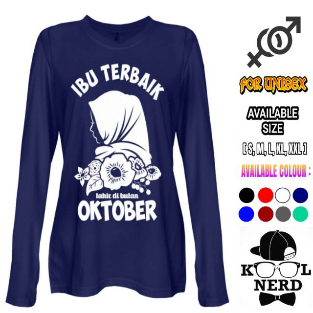 Kaos Distro Ibu Terbaik Lahir Di Bulan Oktober Desain Wanita Berhijab Lengan Panjang Navy Shopee Indonesia