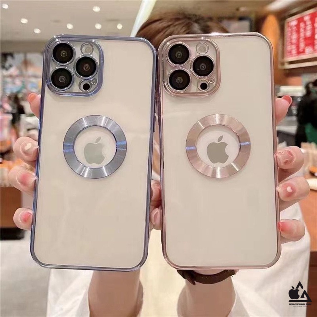 Premium Softcase Square Edge Clear Chrome iPhone 12 12 PRO MAX 11 PRO MAX XR 7 7+ 8 8+ SE 2 XS MAX  Lensa Soft Case Logo Apple Krom Electroplated Camera Pelindung Kamera Softcase Silikon Jelly Clear Cover Bukan Hardcase Silicone