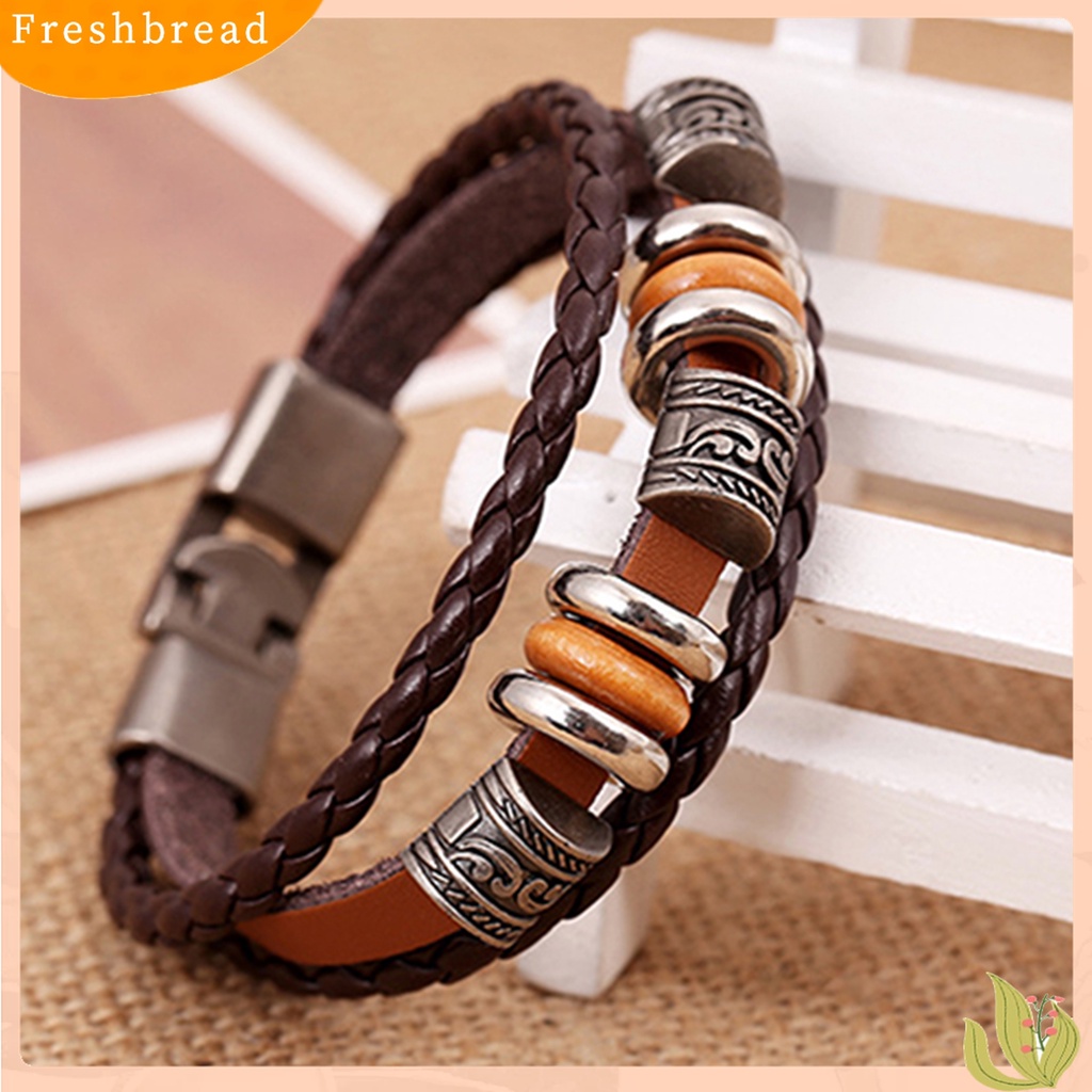 [TERLARIS]Unisex Retro Punk Flower Beads Faux Leather Braided Multilayer Bracelet Bangle for Daily Wear