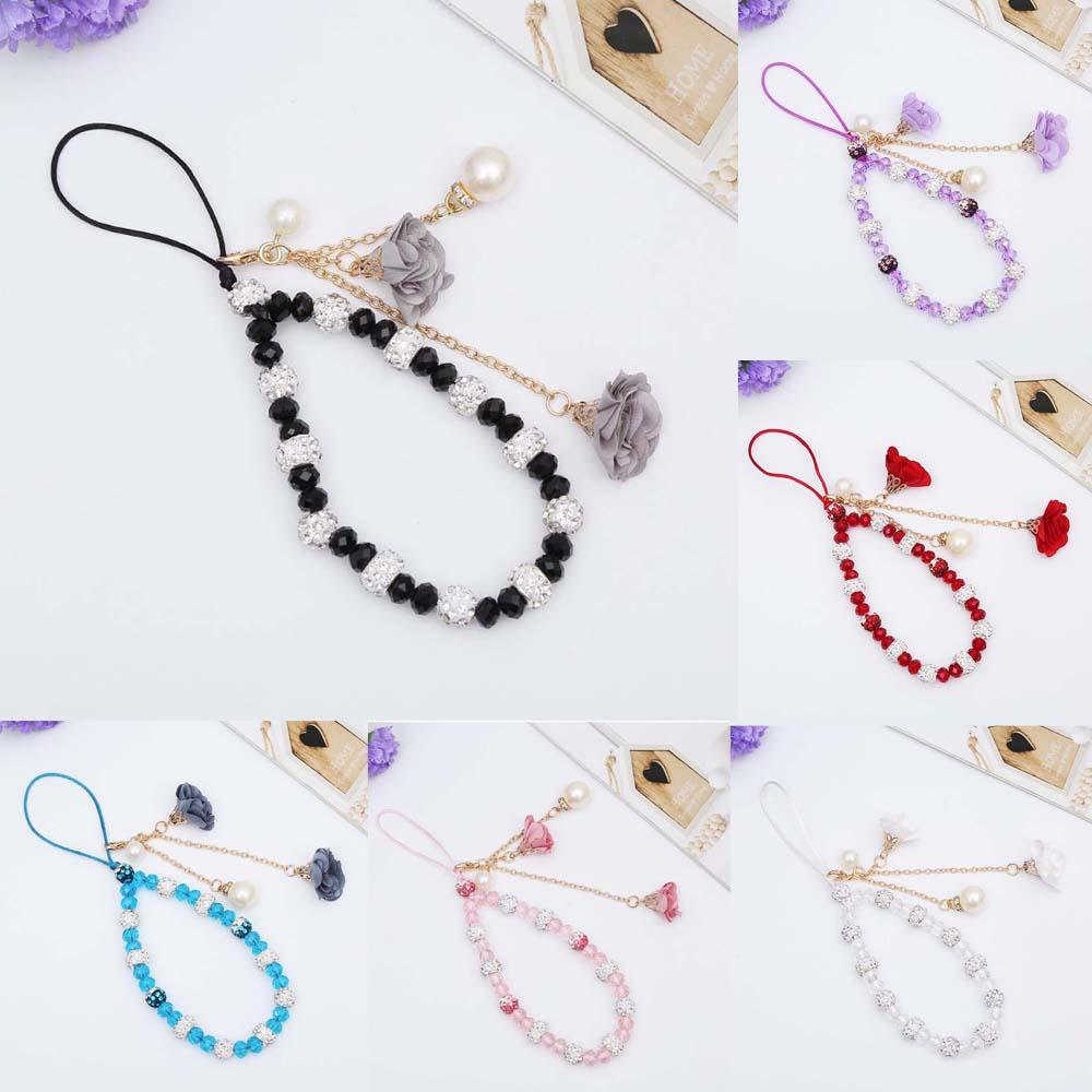 Agustina Lanyard Ponsel Rumbai Mewah Kristal Bunga Liontin Gelang Manik-Manik Rantai Tangan Tali Pendek Cord Lanyard