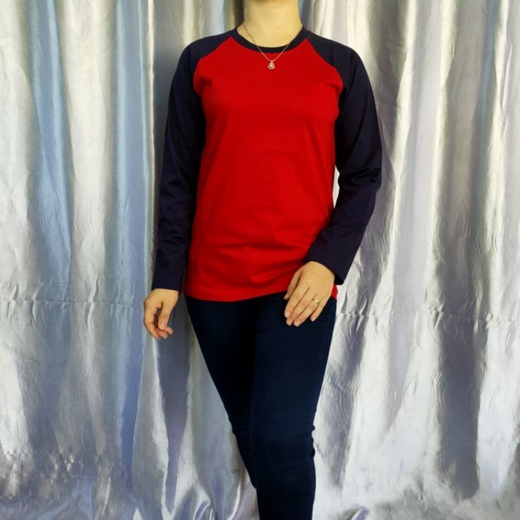 kaos polos raglan MERAH-NAVY lengan panjang uk M L XL XXL