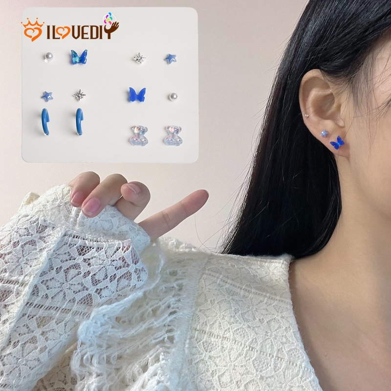 6 Pasang / Set Anting Stud Desain Butterfly Bear Gaya Korea Minimalis Elegan Untuk Wanita