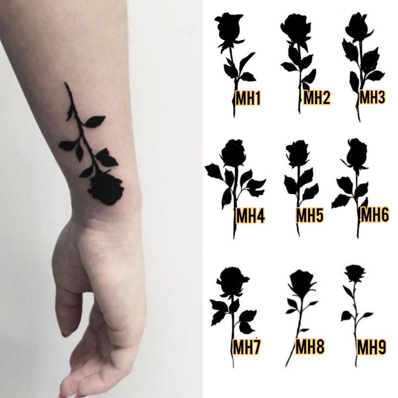 Tato Basic Tahan 5-7 Hari Tato Temporer mawar hitam Tato bunga Tato kecil Tato minimalis Tato simple