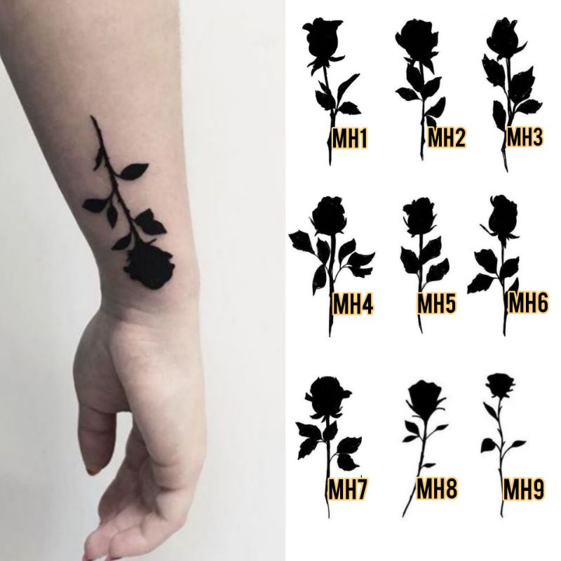 Tato Temporer mawar hitam Tato bunga Tato kecil Tato minimalis Tato simple Stiker Tato - MH