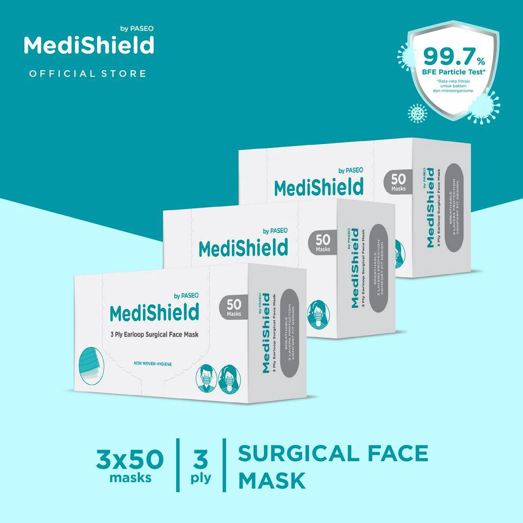 Medishield by Paseo Masker Surgical Earloop 3Ply Box isi 50pcs/box x 3 Box